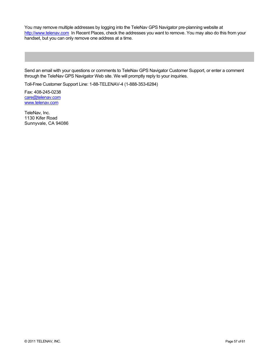 Customer support | Telenav for T-Mobile Supported Devices: v6.2 for Android phones User Manual | Page 57 / 61