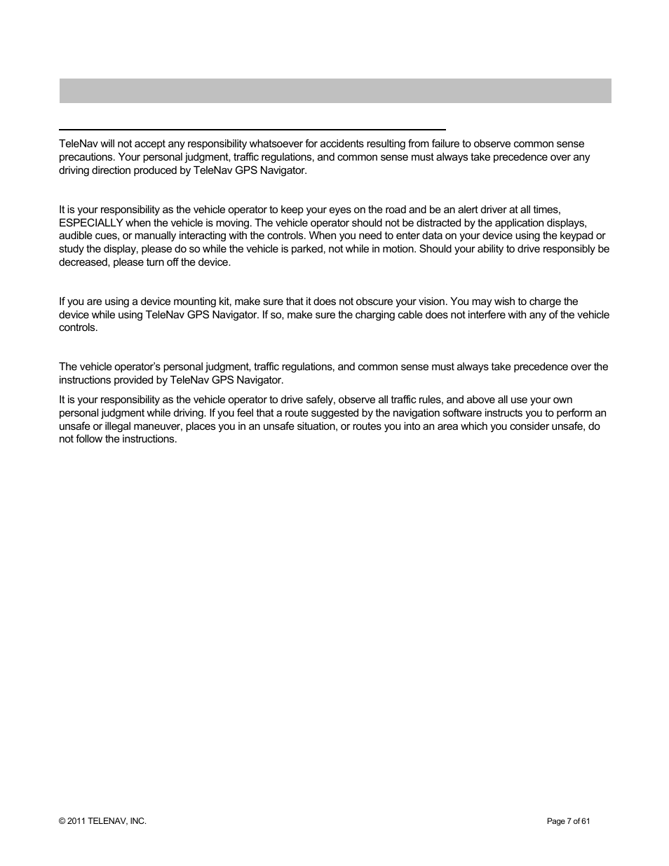 Safety and legal notices | Telenav for T-Mobile Supported Devices: v6.2 for Android phones User Manual | Page 7 / 61