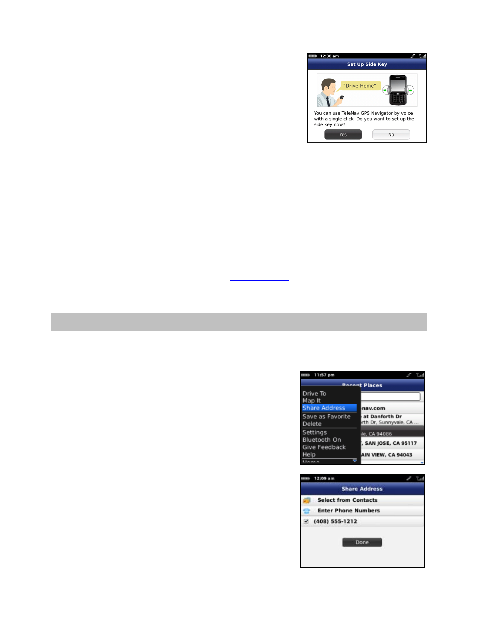 Sharing an address | Telenav for T-Mobile Supported Devices: v6.0 for BlackBerry smartphones User Manual | Page 12 / 58