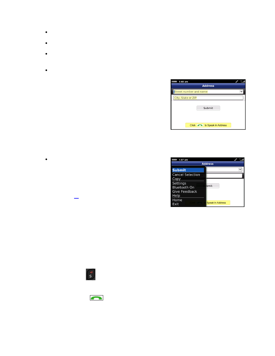 Address, Using a bluetooth headset | Telenav for T-Mobile Supported Devices: v6.0 for BlackBerry smartphones User Manual | Page 19 / 58
