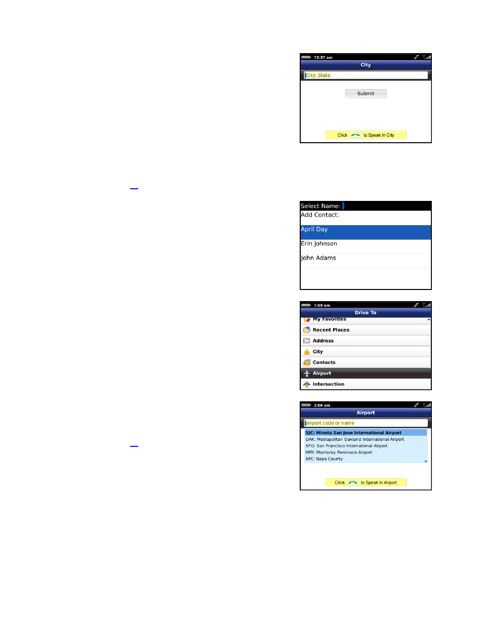 City, Contacts, Airports | Telenav for T-Mobile Supported Devices: v6.0 for BlackBerry smartphones User Manual | Page 20 / 58