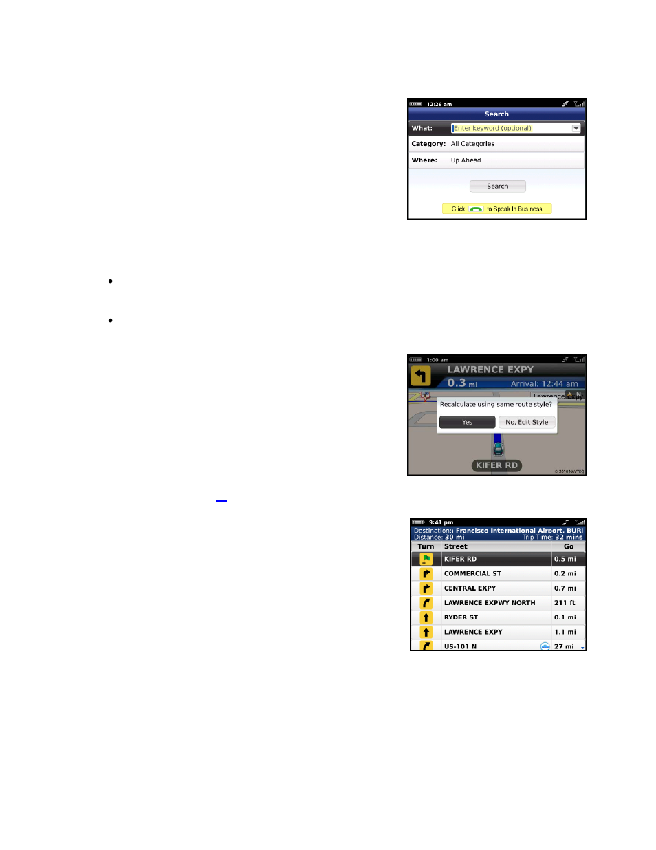 Search along, Recalculate route, Route summary | Telenav for T-Mobile Supported Devices: v6.0 for BlackBerry smartphones User Manual | Page 28 / 58