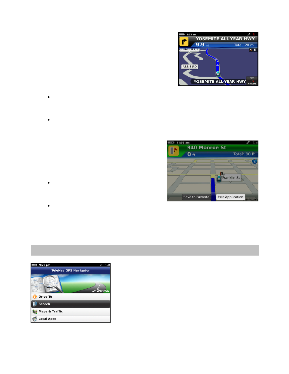 Out of cell coverage area, Reaching destination, Search menu | Telenav for T-Mobile Supported Devices: v6.0 for BlackBerry smartphones User Manual | Page 33 / 58