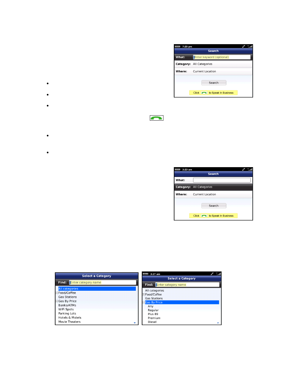 Using search, Search by category | Telenav for T-Mobile Supported Devices: v6.0 for BlackBerry smartphones User Manual | Page 34 / 58
