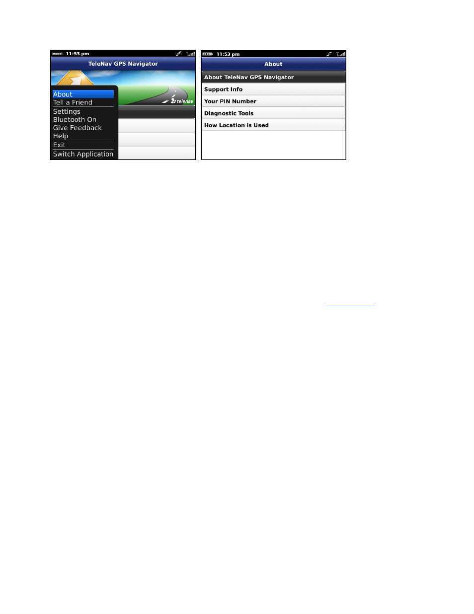 About, Support info, Diagnostic tools | How location is used | Telenav for T-Mobile Supported Devices: v6.0 for BlackBerry smartphones User Manual | Page 47 / 58