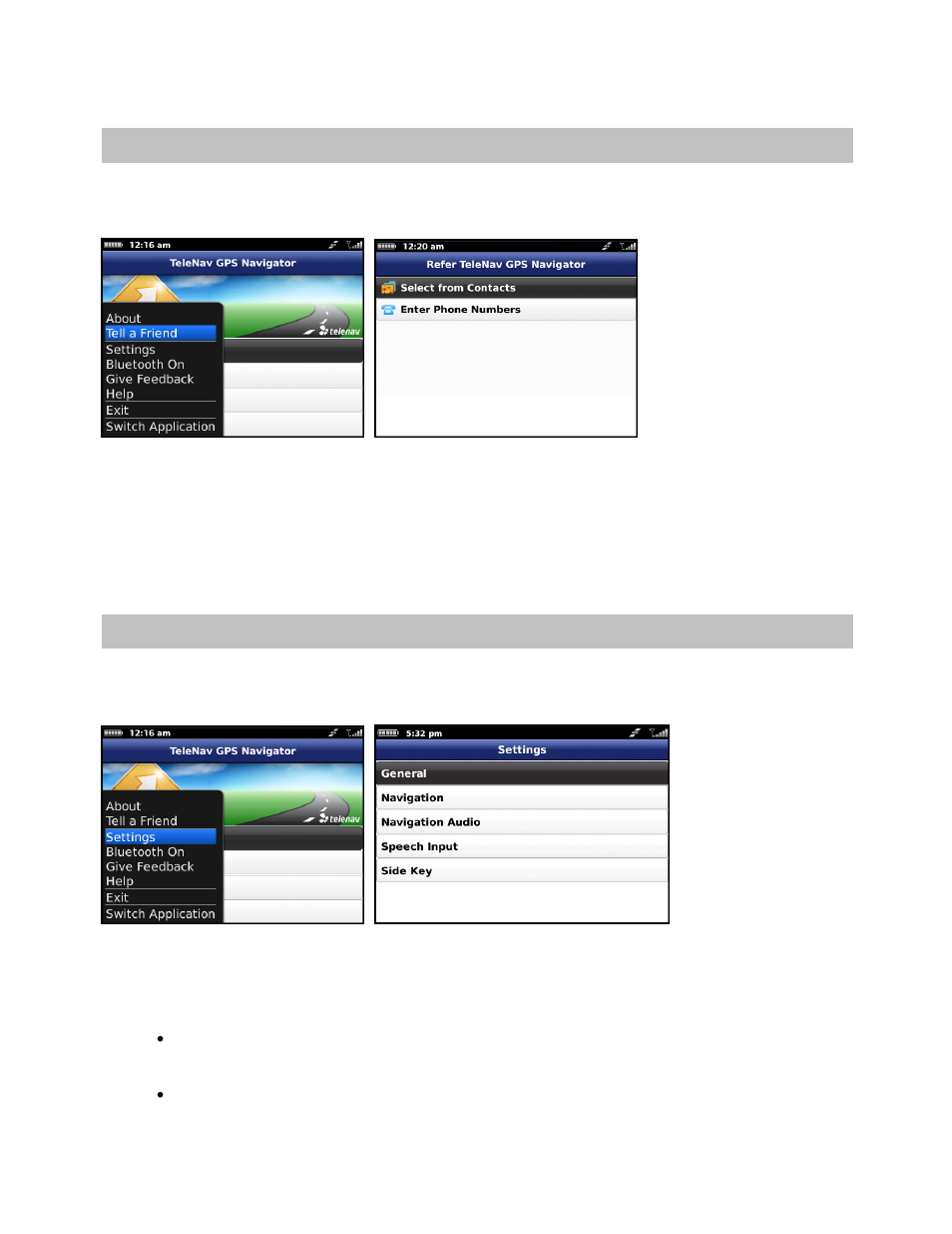 Tell a friend, Settings, General | Telenav for T-Mobile Supported Devices: v6.0 for BlackBerry smartphones User Manual | Page 48 / 58