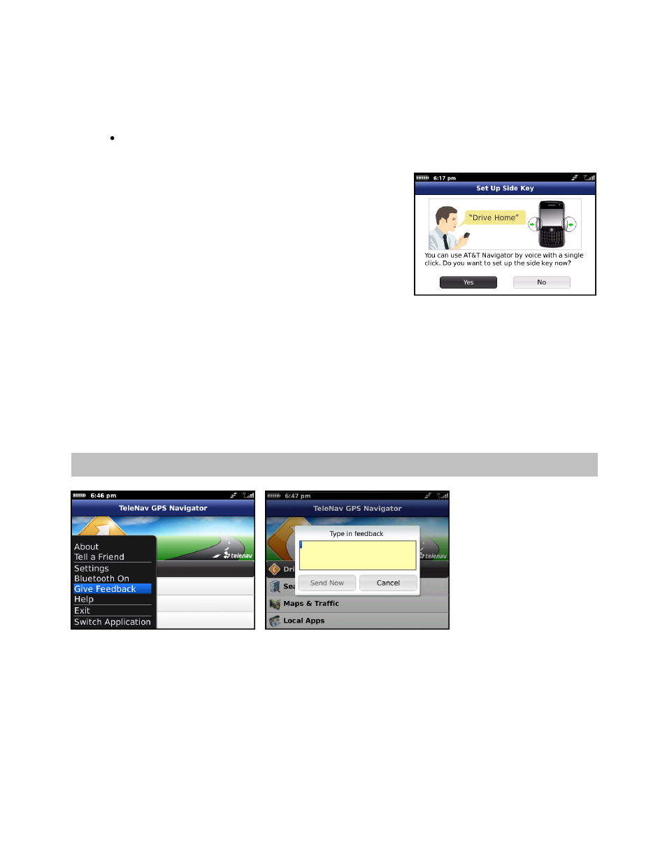 Speech input, Side key, Give feedback | Telenav for T-Mobile Supported Devices: v6.0 for BlackBerry smartphones User Manual | Page 50 / 58
