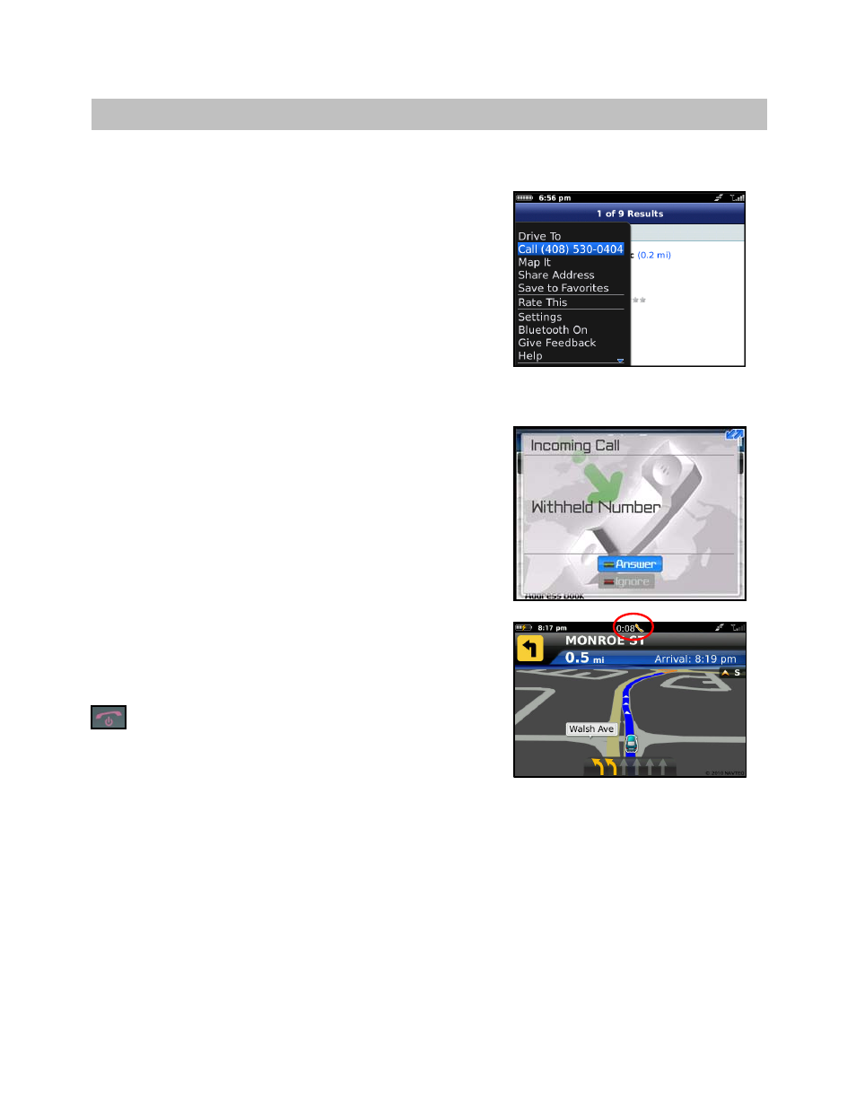 Suspending telenav gps navigator, Making a phone call from telenav gps navigator, Taking an incoming call | Telenav for T-Mobile Supported Devices: v6.0 for BlackBerry smartphones User Manual | Page 51 / 58