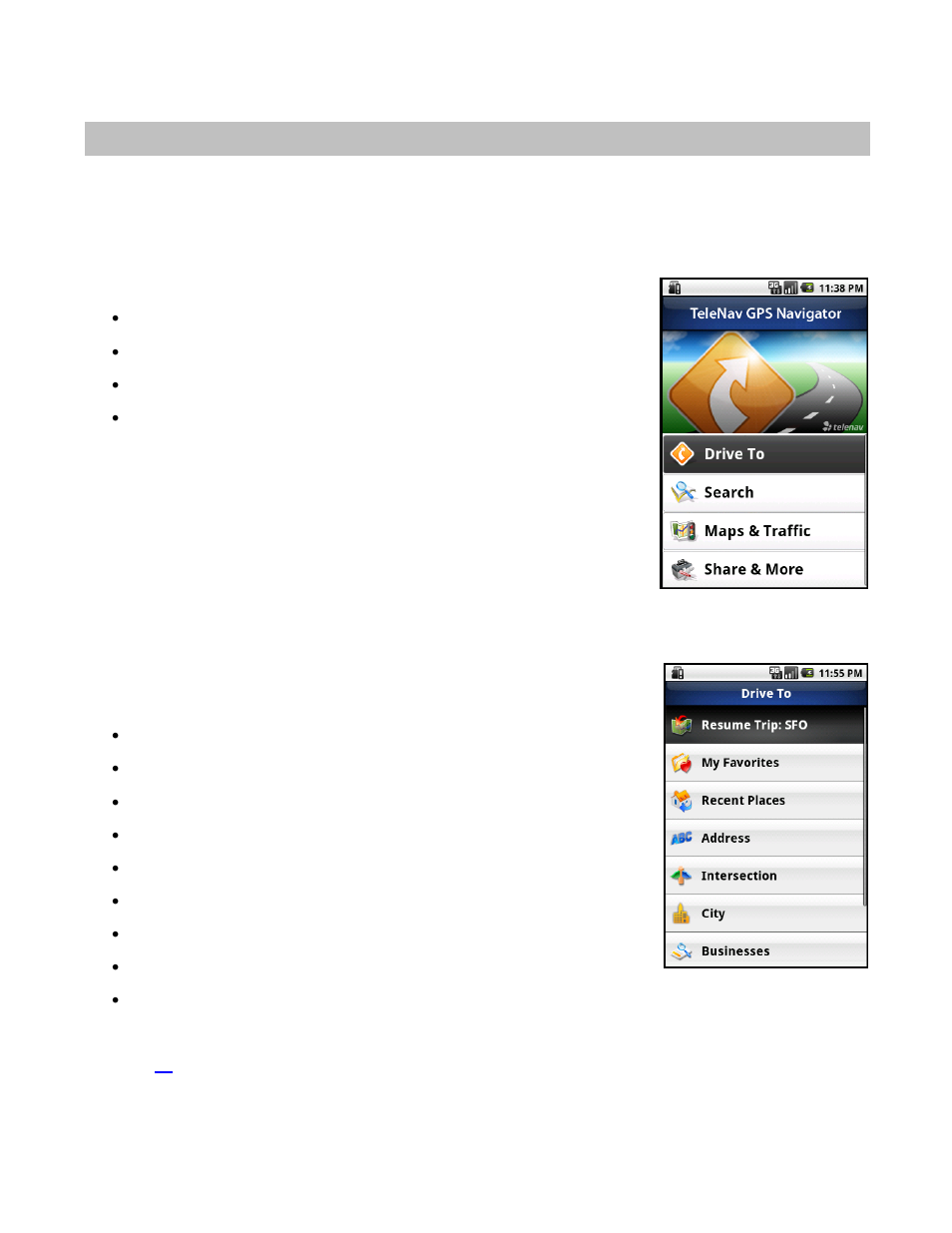 Telenav gps navigator menu overview, Main menu, Drive to menu | Telenav for Sprint Supported Devices: v5.8 for Android devices User Manual | Page 13 / 71