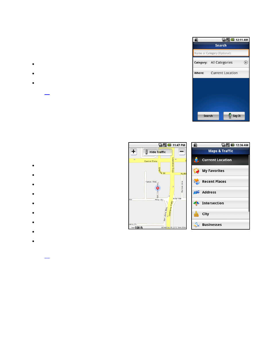 Search menu, Maps & traffic menu | Telenav for Sprint Supported Devices: v5.8 for Android devices User Manual | Page 14 / 71