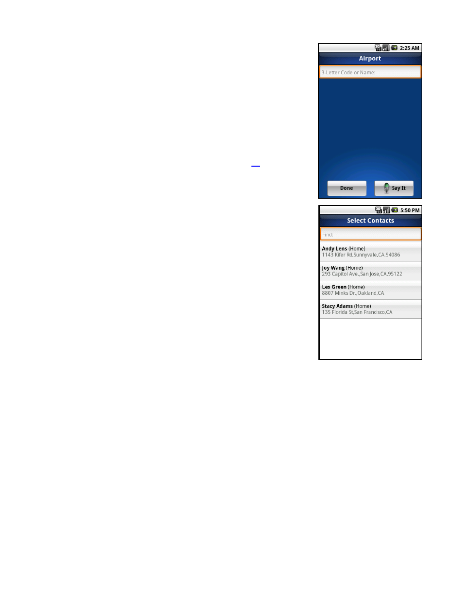 Airports, Contacts | Telenav for Sprint Supported Devices: v5.8 for Android devices User Manual | Page 23 / 71