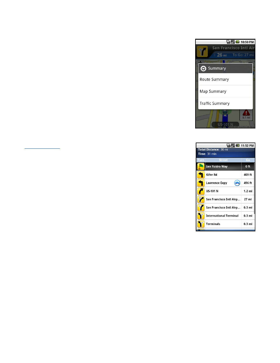 Summary, Route summary | Telenav for Sprint Supported Devices: v5.8 for Android devices User Manual | Page 28 / 71