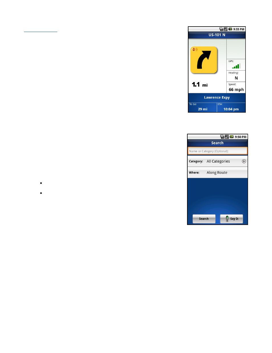 Turn icons only, Search | Telenav for Sprint Supported Devices: v5.8 for Android devices User Manual | Page 32 / 71