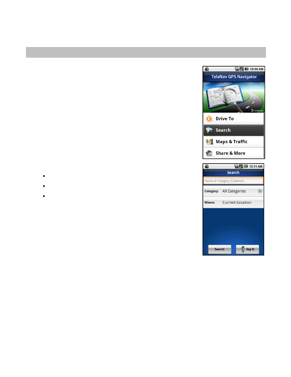 Search menu, Search by category | Telenav for Sprint Supported Devices: v5.8 for Android devices User Manual | Page 38 / 71