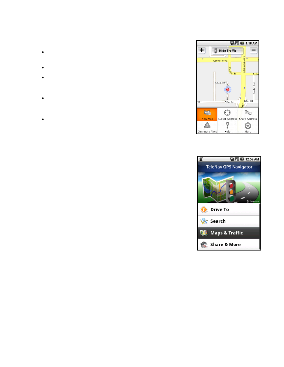 Map menu options, Check traffic | Telenav for Sprint Supported Devices: v5.8 for Android devices User Manual | Page 49 / 71