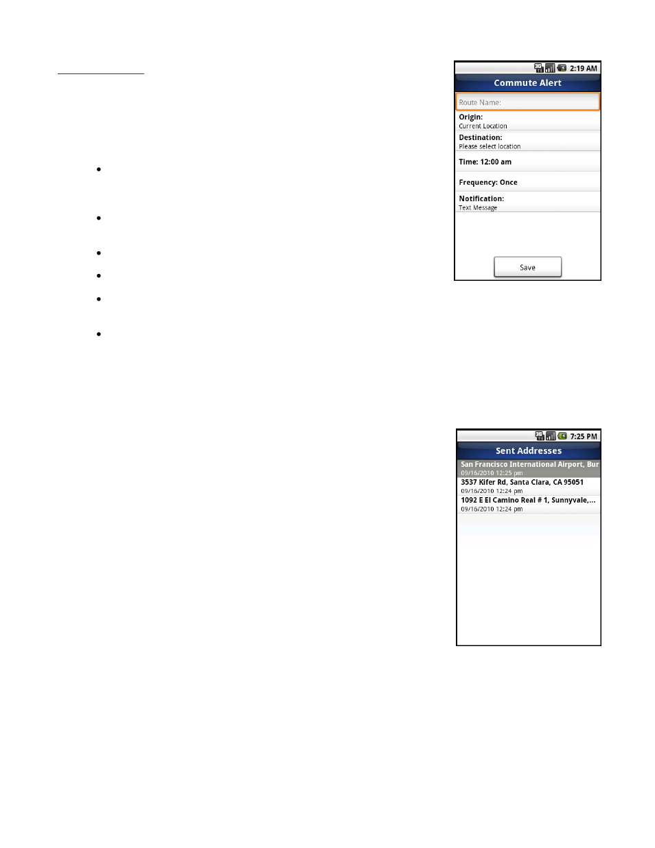 Create new alert, Sent addresses | Telenav for Sprint Supported Devices: v5.8 for Android devices User Manual | Page 56 / 71