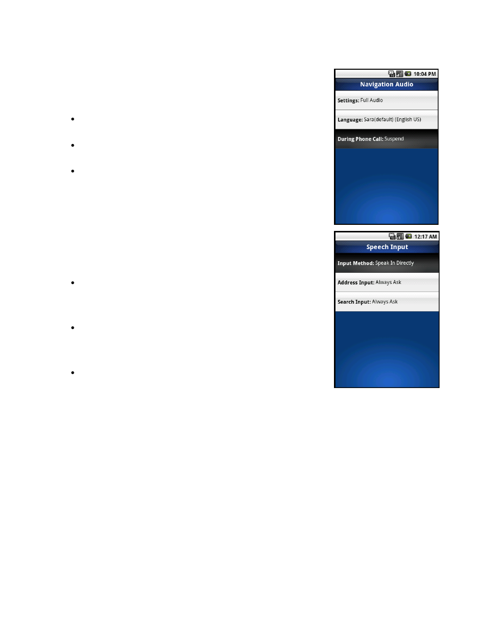 Navigation audio, Speech input | Telenav for Sprint Supported Devices: v5.8 for Android devices User Manual | Page 63 / 71