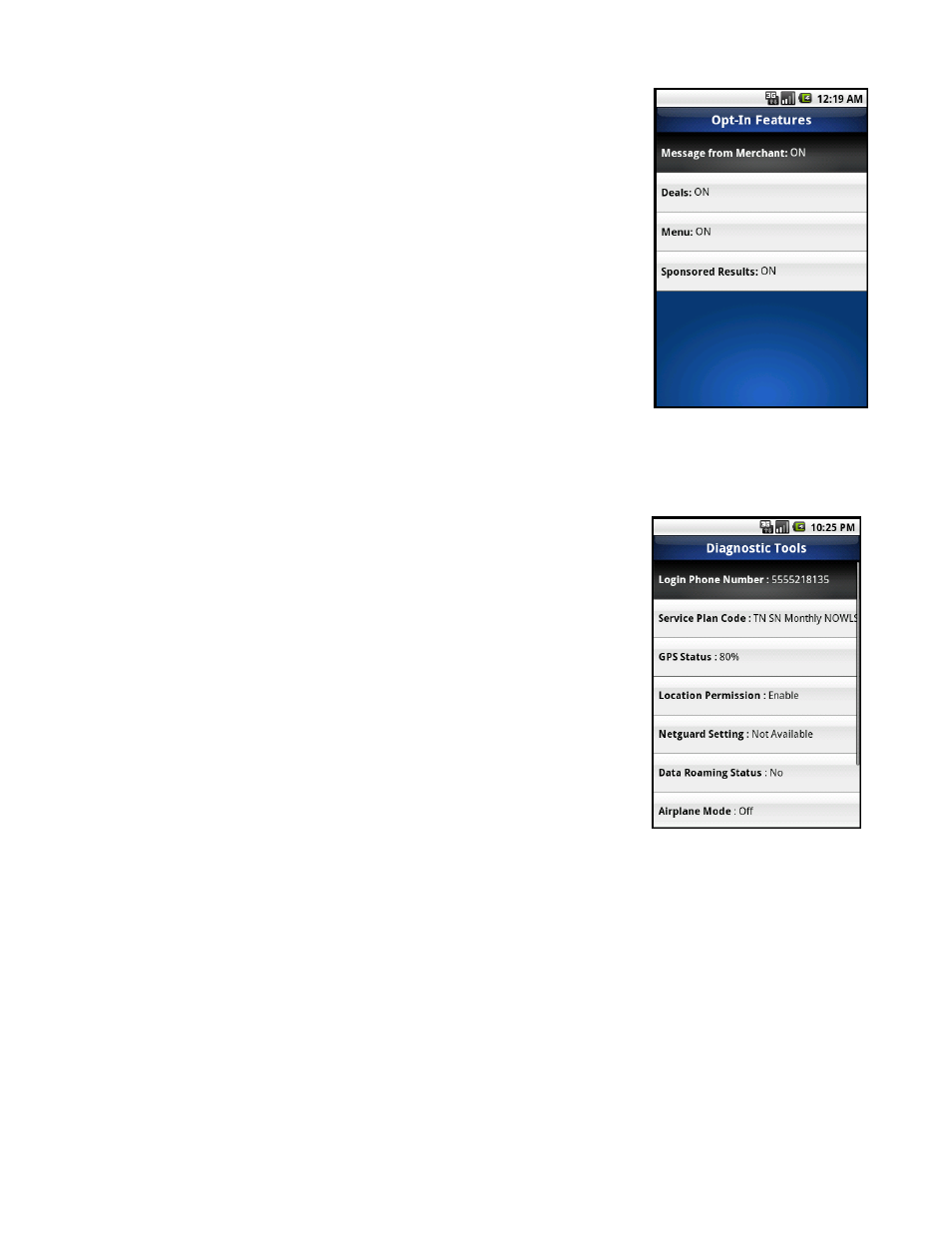 Opt-in features, Diagnostic tools | Telenav for Sprint Supported Devices: v5.8 for Android devices User Manual | Page 64 / 71