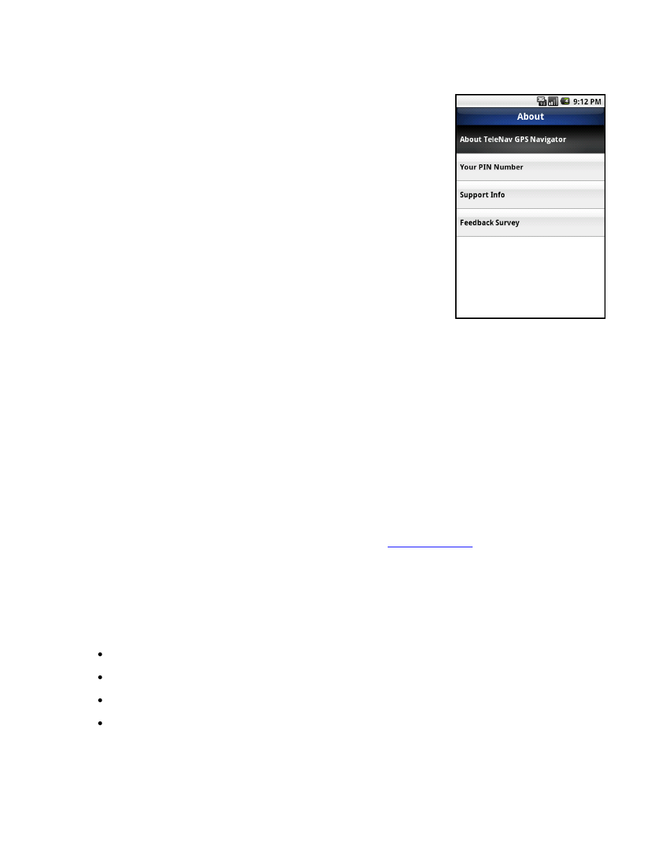 About, About telenav gps navigator, Support info | Your pin number, Feedback survey | Telenav for Sprint Supported Devices: v5.8 for Android devices User Manual | Page 65 / 71
