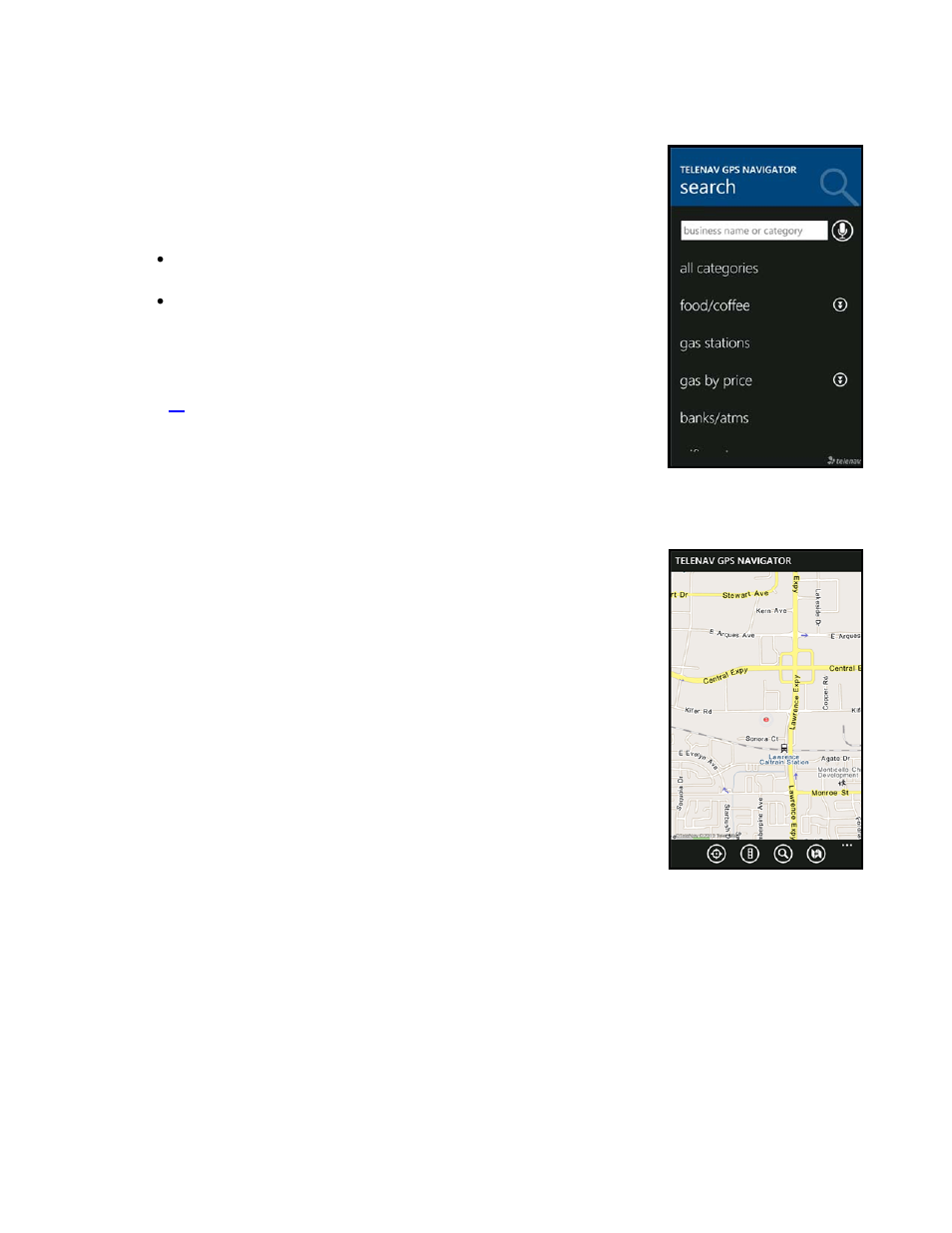 Search menu, Maps & traffic menu | Telenav for T-Mobile Supported Devices: v5.8 for Windows Phone 7 devices User Manual | Page 11 / 66