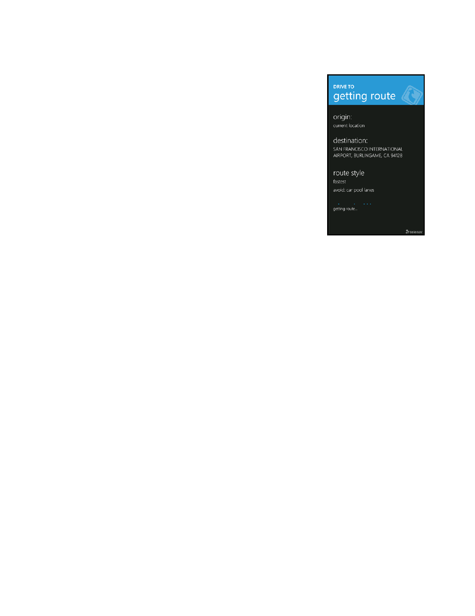 Navigation options (getting route screen) | Telenav for T-Mobile Supported Devices: v5.8 for Windows Phone 7 devices User Manual | Page 20 / 66