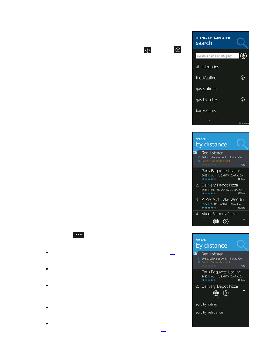 Search by category, Sorting options | Telenav for T-Mobile Supported Devices: v5.8 for Windows Phone 7 devices User Manual | Page 33 / 66