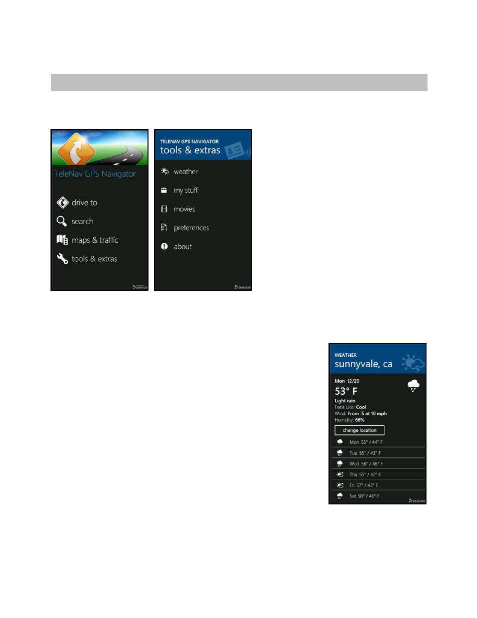 Tools & extras menu, Weather | Telenav for T-Mobile Supported Devices: v5.8 for Windows Phone 7 devices User Manual | Page 46 / 66