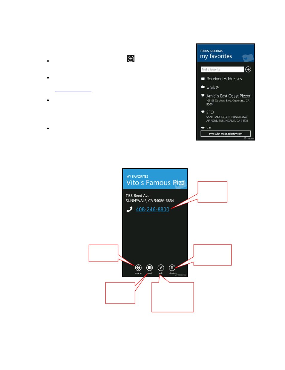 My favorites | Telenav for T-Mobile Supported Devices: v5.8 for Windows Phone 7 devices User Manual | Page 48 / 66