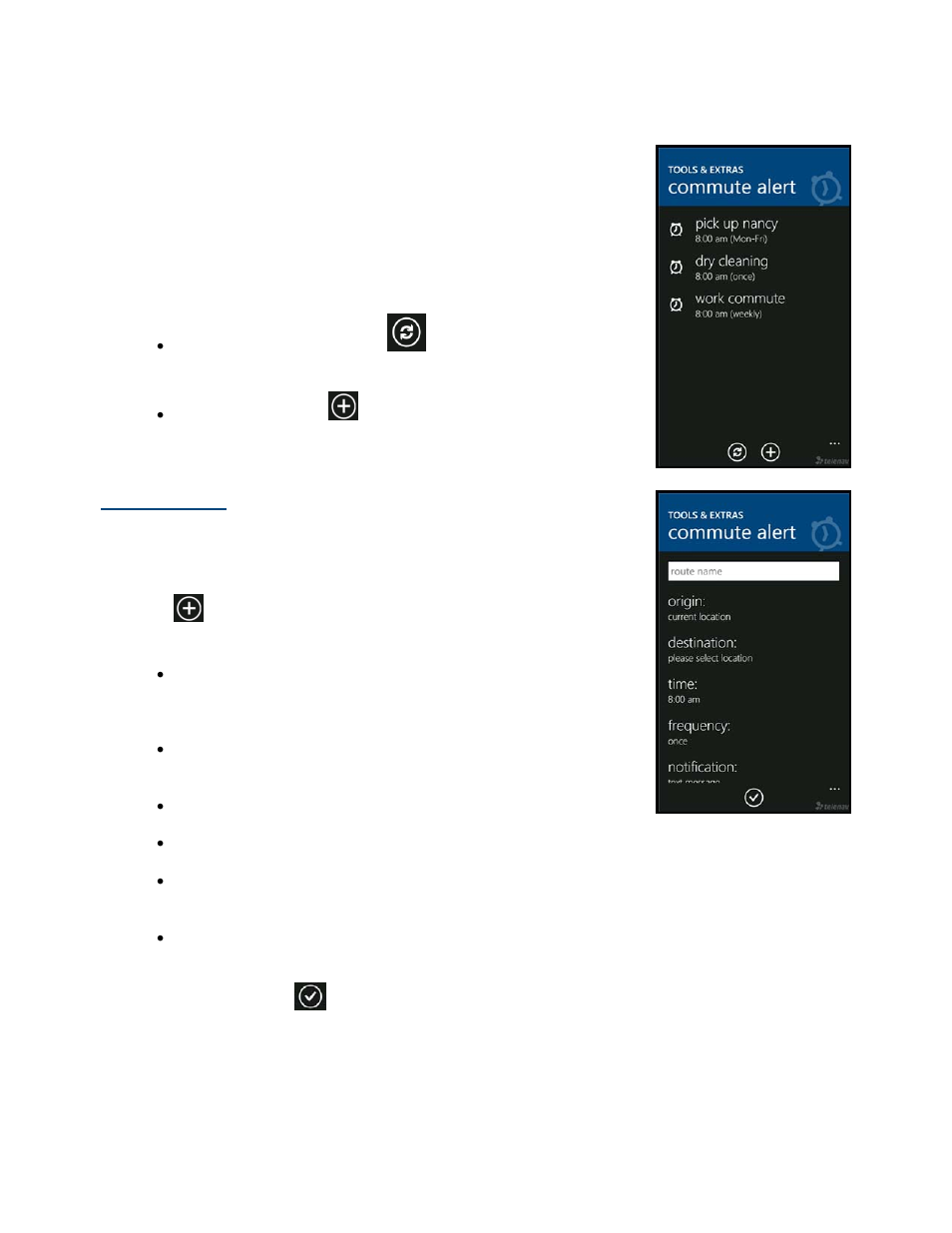 Commute alerts, Create new alert | Telenav for T-Mobile Supported Devices: v5.8 for Windows Phone 7 devices User Manual | Page 53 / 66