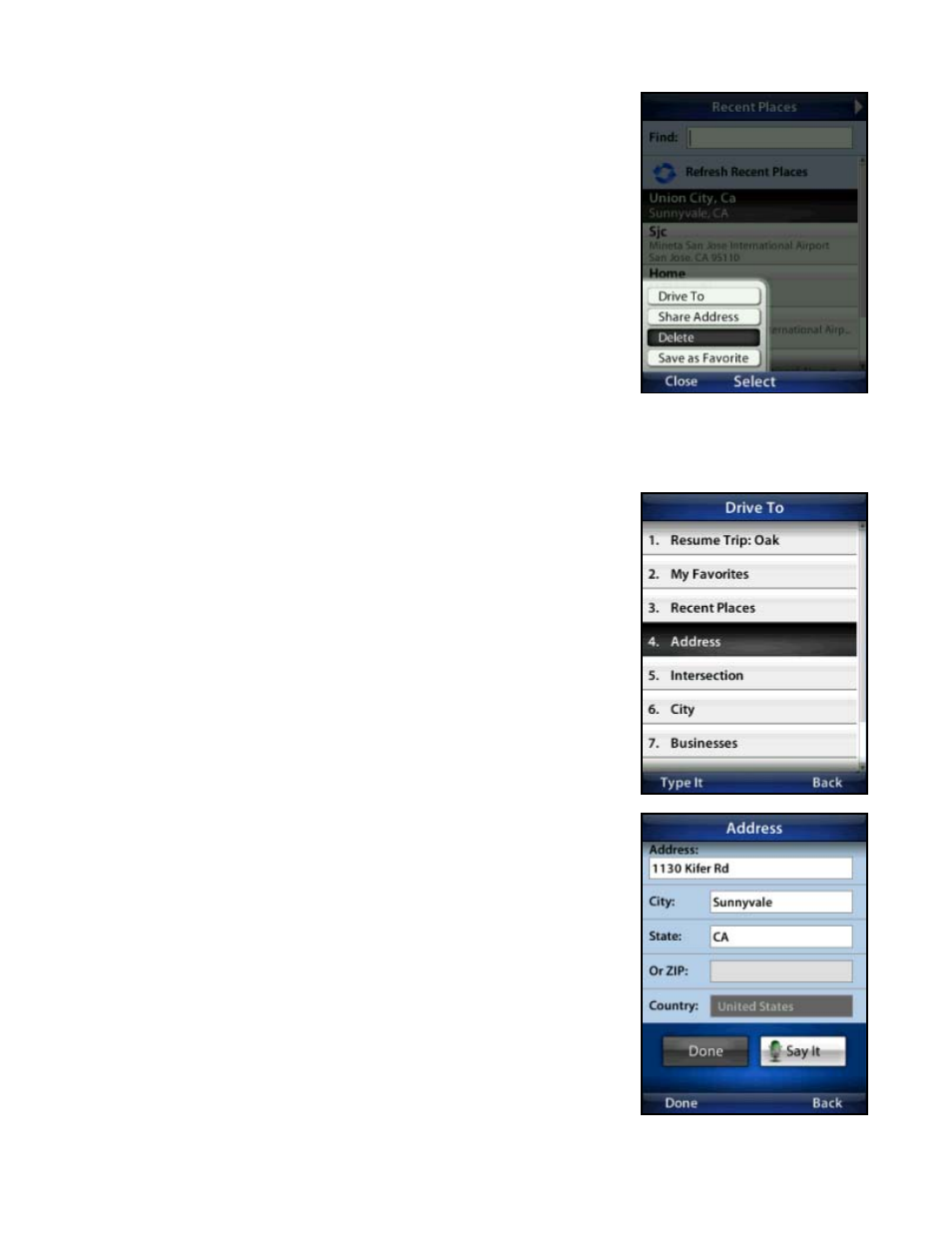 Save or delete recent places, Address – type it | Telenav for T-Mobile Supported Devices: v5.76 for J2ME devices User Manual | Page 18 / 71