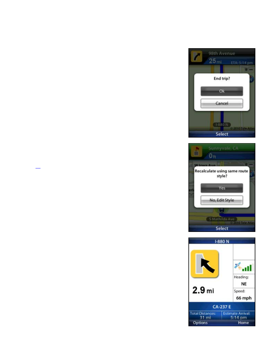 Stop navigating, Recalculate route, Turn icons only | Telenav for T-Mobile Supported Devices: v5.76 for J2ME devices User Manual | Page 27 / 71