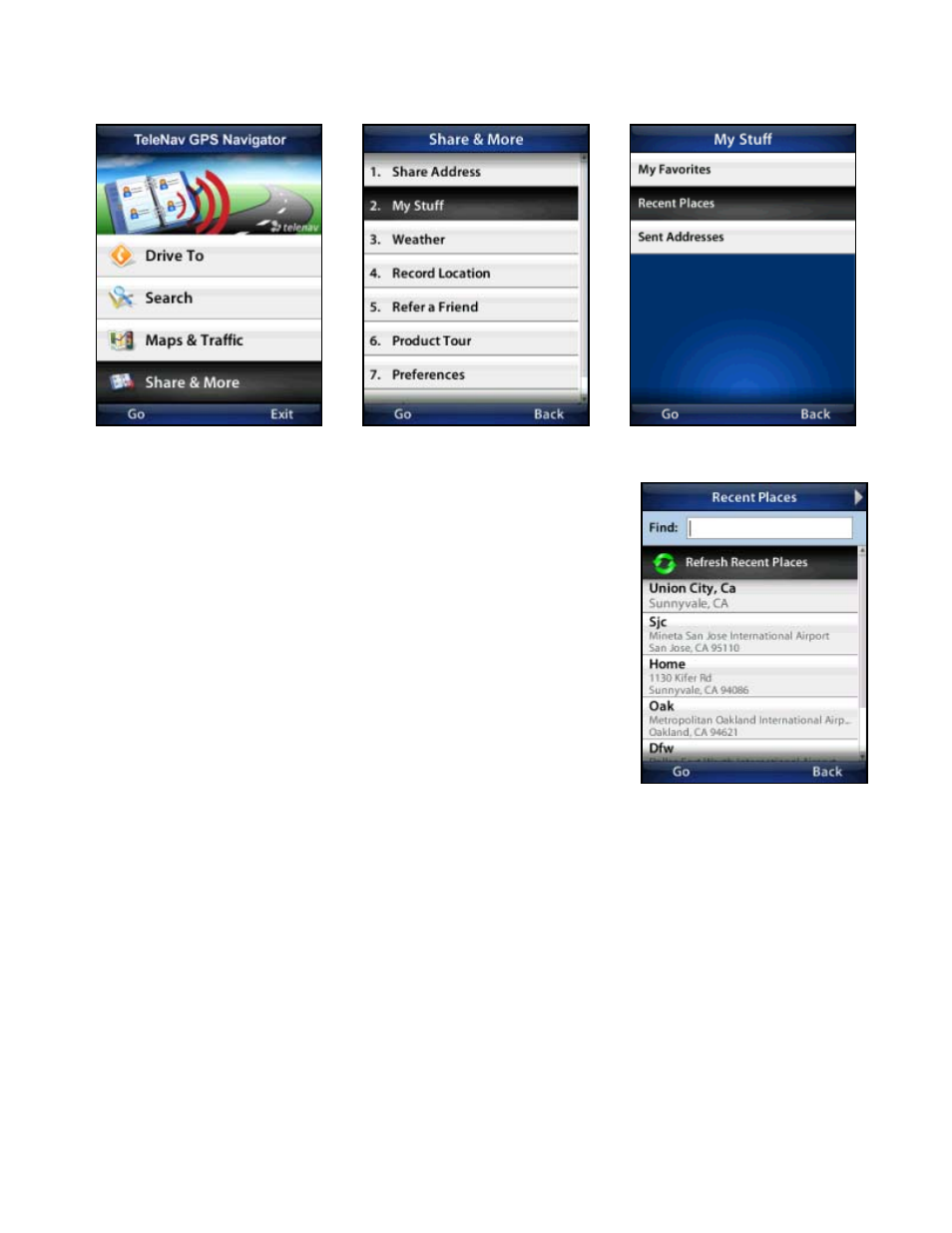 Recent places | Telenav for T-Mobile Supported Devices: v5.76 for J2ME devices User Manual | Page 54 / 71