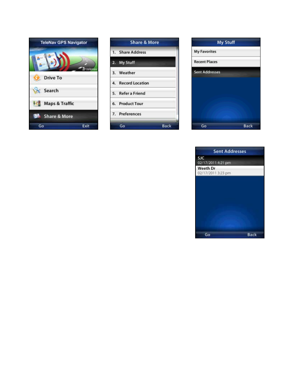 Sent addresses | Telenav for T-Mobile Supported Devices: v5.76 for J2ME devices User Manual | Page 55 / 71