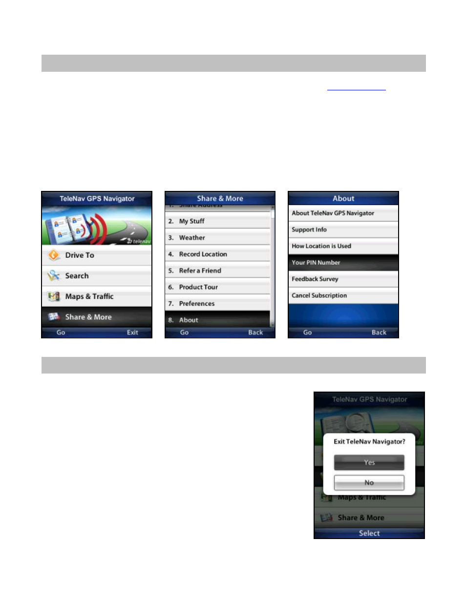 Change your pin number, Exit telenav gps navigator | Telenav for T-Mobile Supported Devices: v5.76 for J2ME devices User Manual | Page 66 / 71