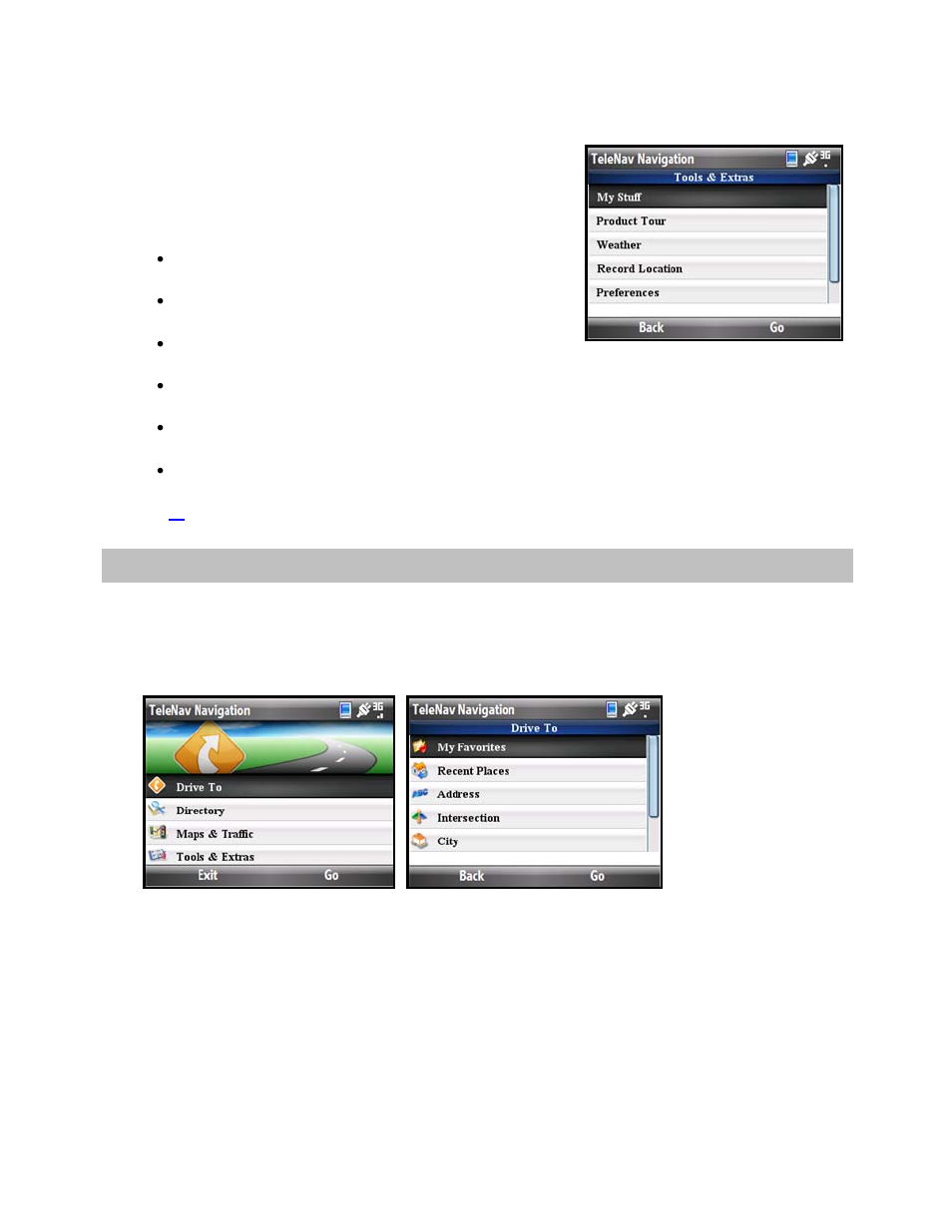 Tools & extras (share & more) menu, Drive to menu | Telenav for T-Mobile Supported Devices: v5.5 for Windows Mobile HTC devices User Manual | Page 16 / 64