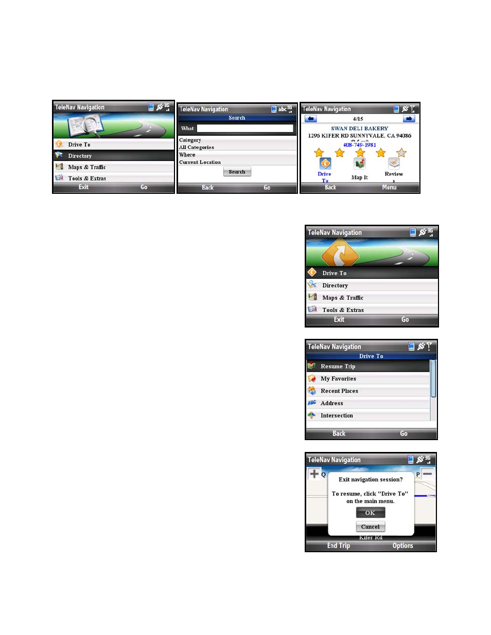 Resume trip | Telenav for T-Mobile Supported Devices: v5.5 for Windows Mobile HTC devices User Manual | Page 17 / 64