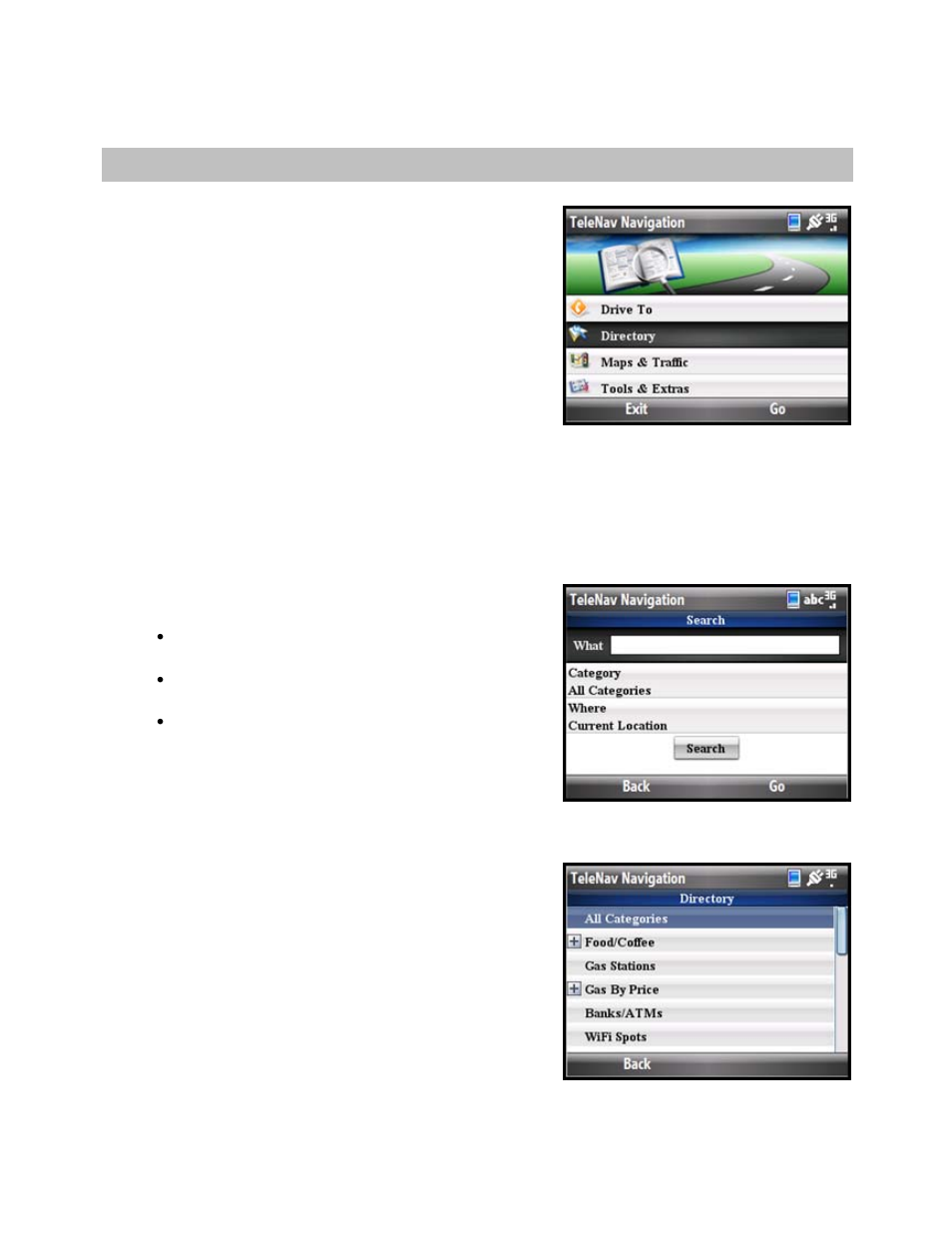 Directory (search) menu, Search by category | Telenav for T-Mobile Supported Devices: v5.5 for Windows Mobile HTC devices User Manual | Page 35 / 64
