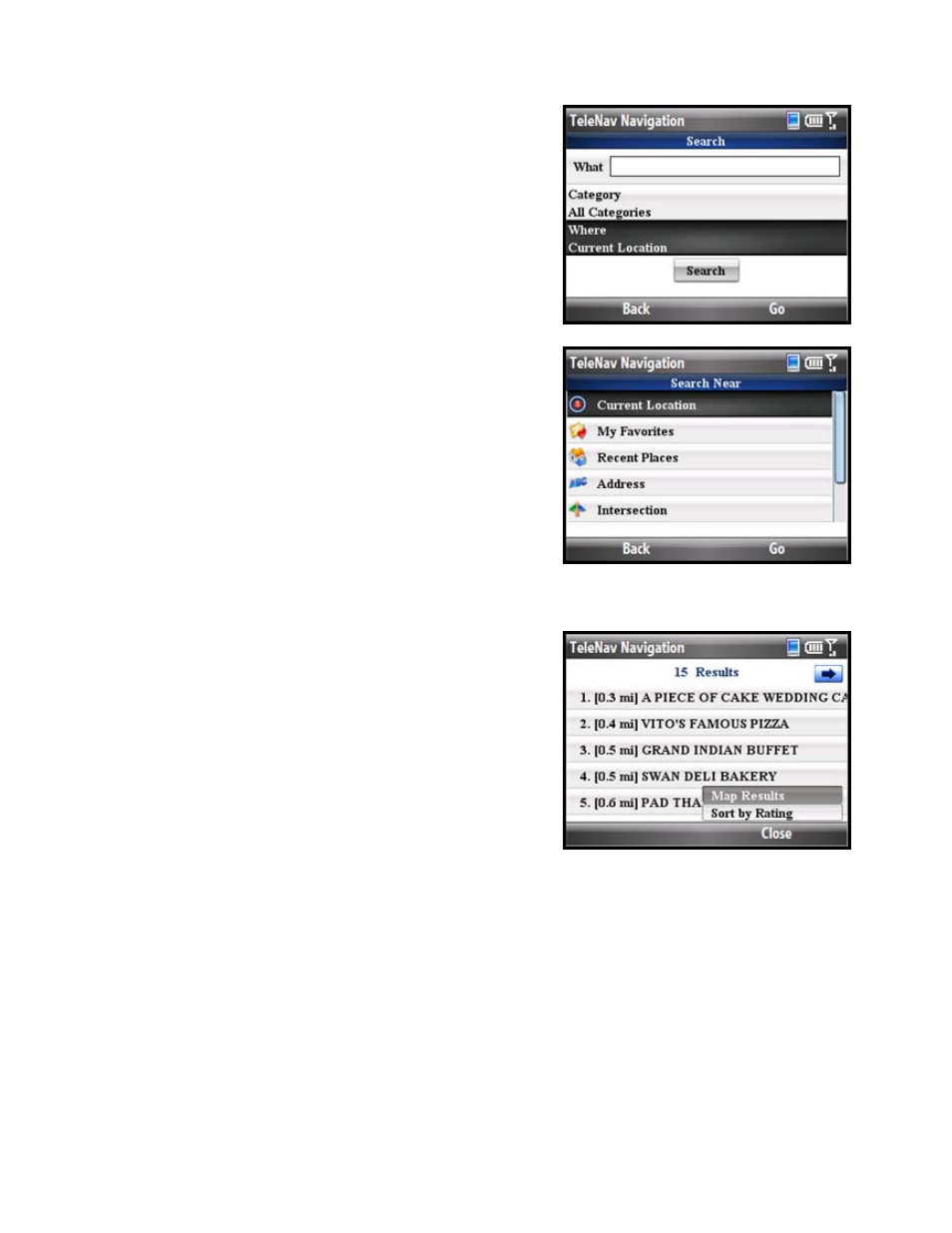 Define a location, Sorting options, Map results | Telenav for T-Mobile Supported Devices: v5.5 for Windows Mobile HTC devices User Manual | Page 37 / 64