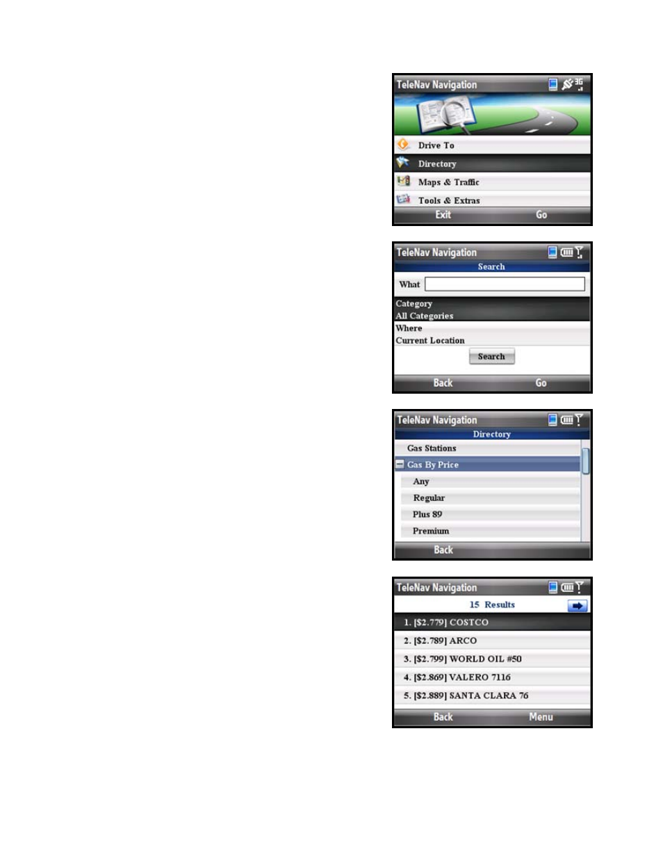 Search for gas by price | Telenav for T-Mobile Supported Devices: v5.5 for Windows Mobile HTC devices User Manual | Page 40 / 64