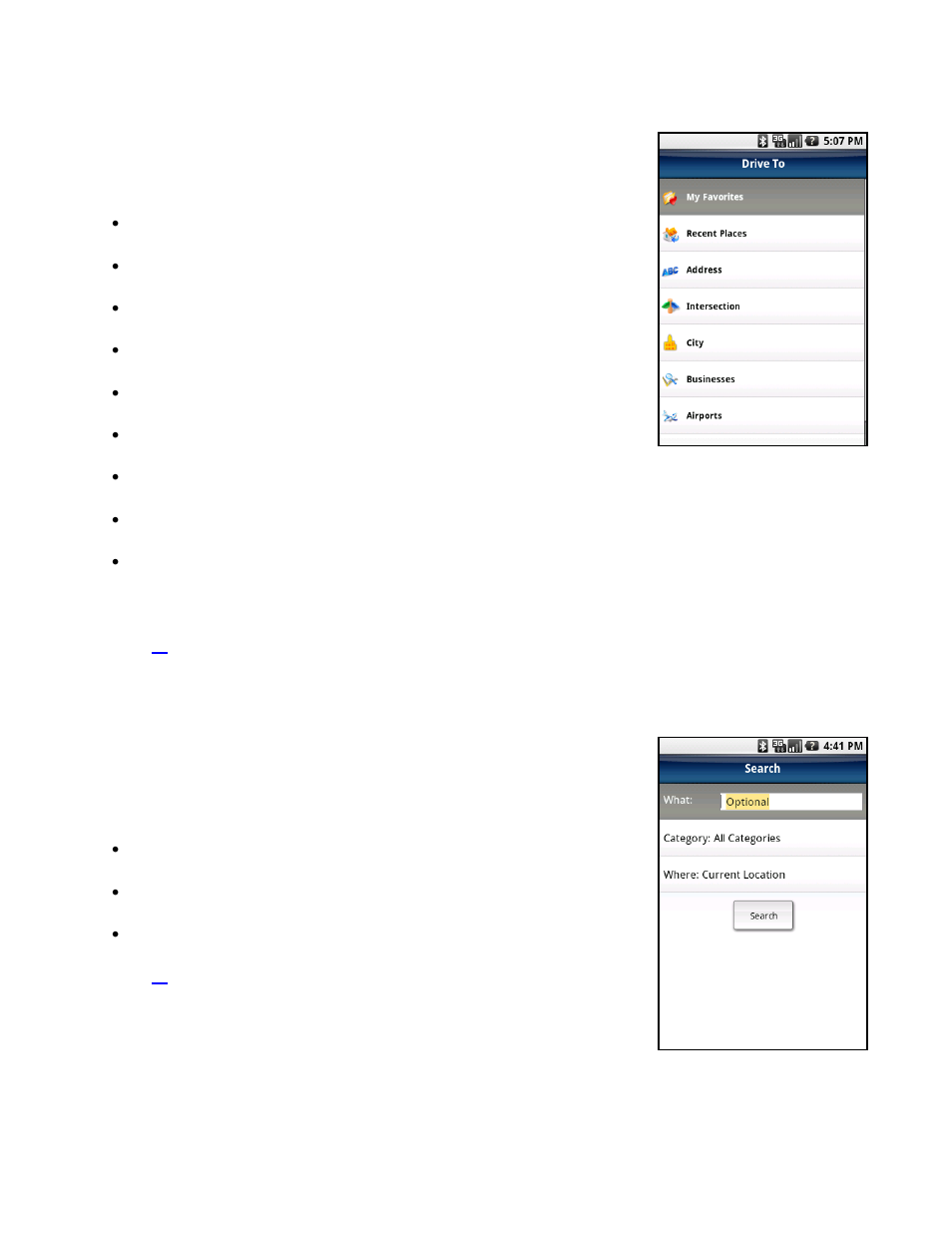 Drive to menu, Search menu | Telenav for T-Mobile Supported Devices: v5.5 for Android devices User Manual | Page 14 / 71