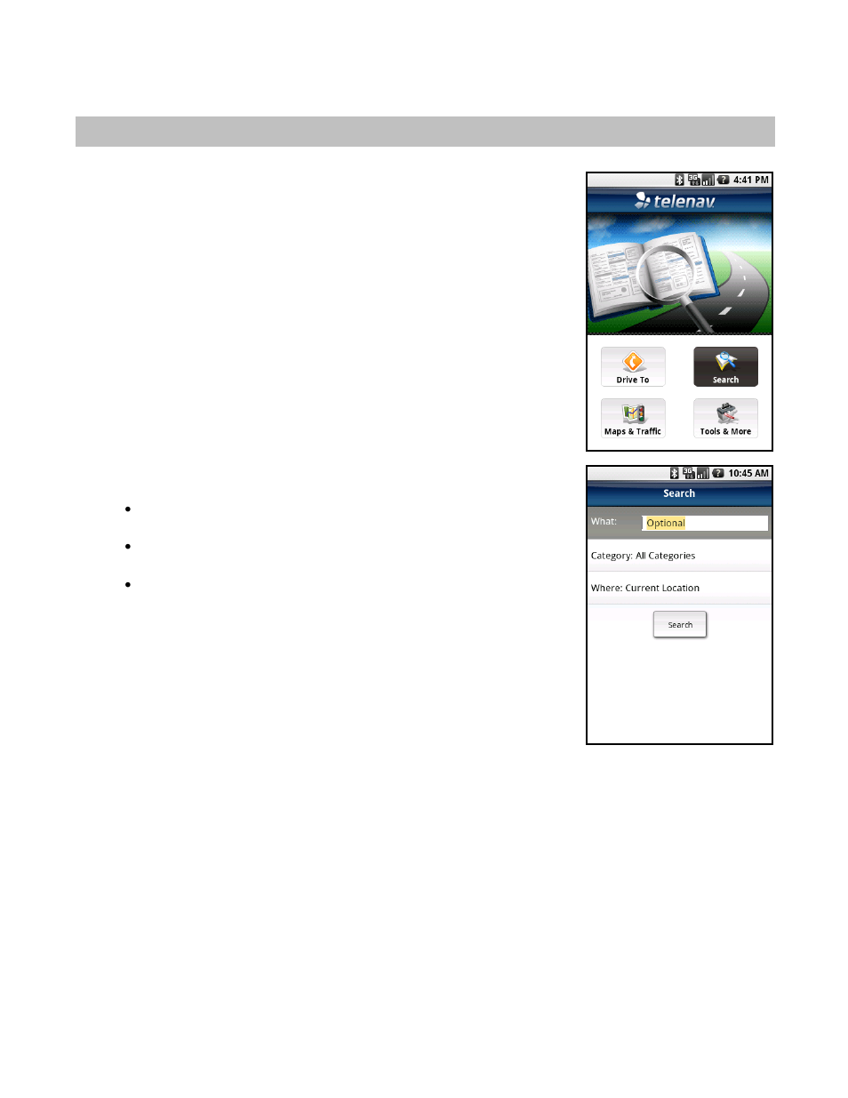Search menu, Search by category | Telenav for T-Mobile Supported Devices: v5.5 for Android devices User Manual | Page 41 / 71