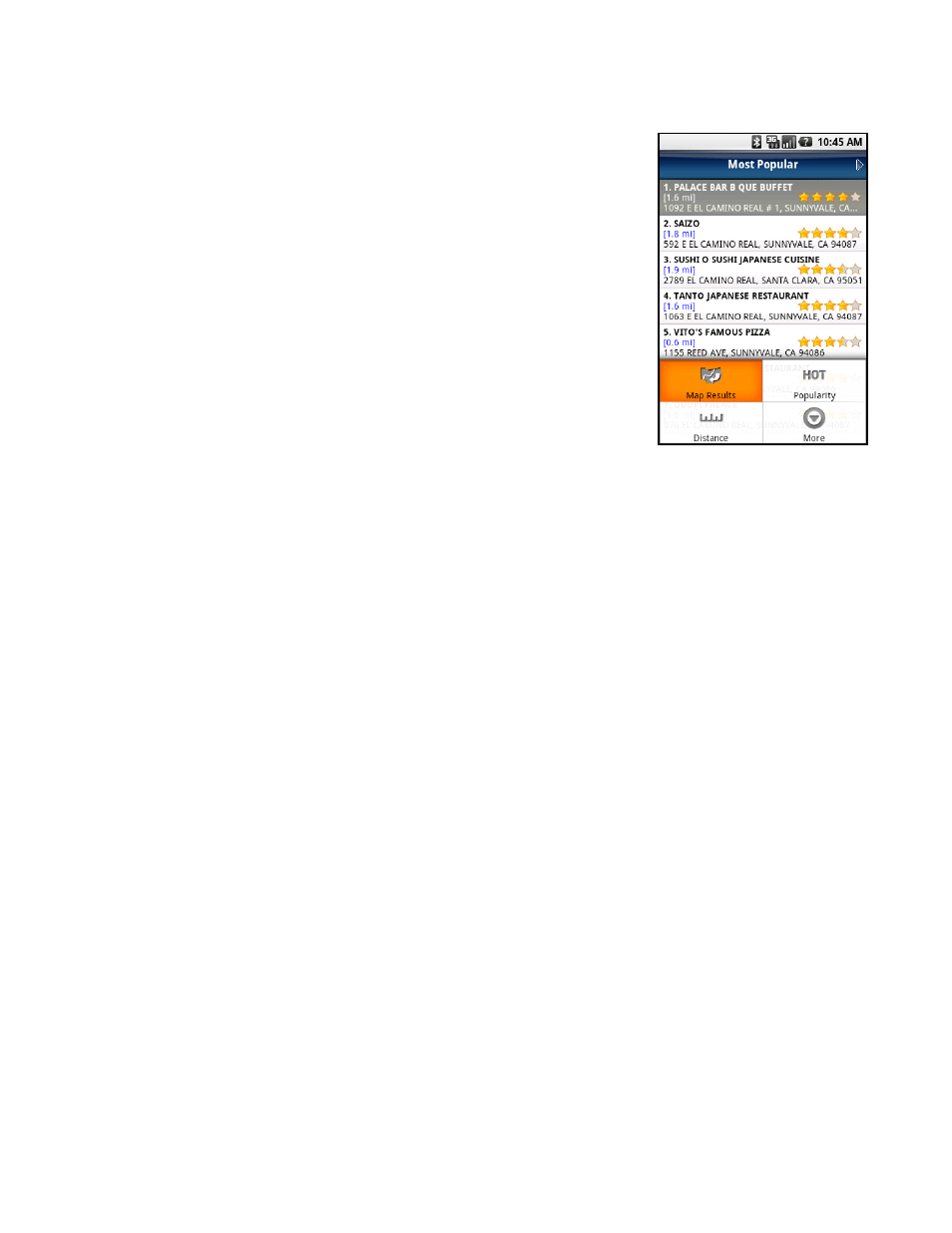 Sorting options, Map results, Sort by relevance | Sort by distance, Sort by star rating | Telenav for T-Mobile Supported Devices: v5.5 for Android devices User Manual | Page 44 / 71