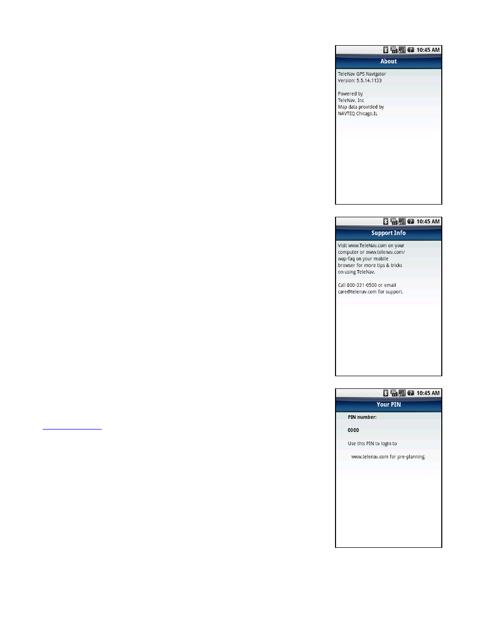About telenav, Support info, Your pin number | Telenav for T-Mobile Supported Devices: v5.5 for Android devices User Manual | Page 63 / 71