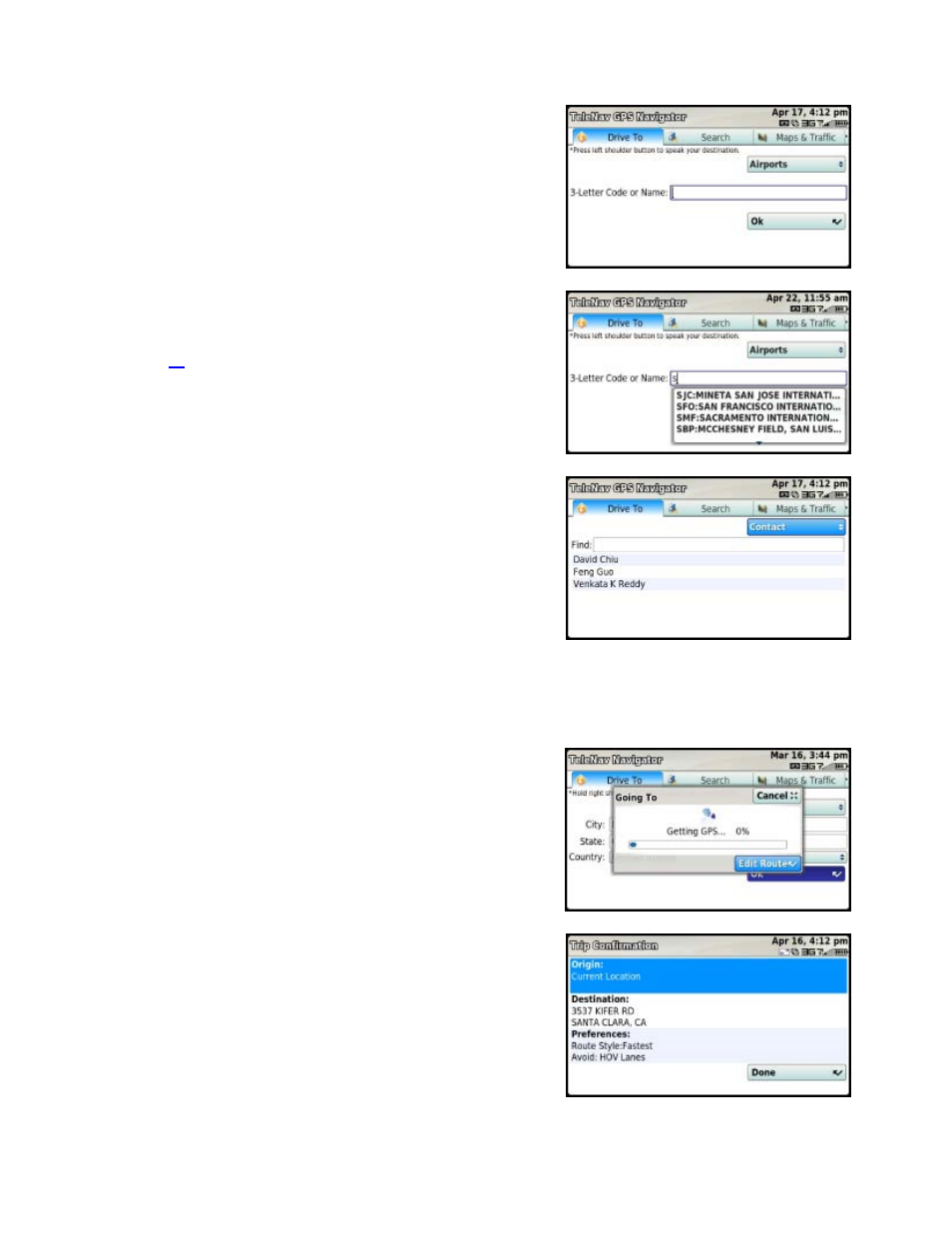 Airports, Contact, Navigation options (going to screen) | Telenav for T-Mobile Supported Devices: v5.5 for T-Mobile Sidekick LX User Manual | Page 20 / 57