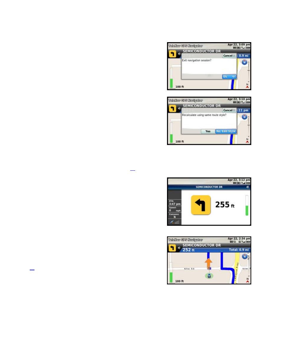 Stop navigating, Recalculate route, Turn icons only | 2d moving map | Telenav for T-Mobile Supported Devices: v5.5 for T-Mobile Sidekick LX User Manual | Page 24 / 57