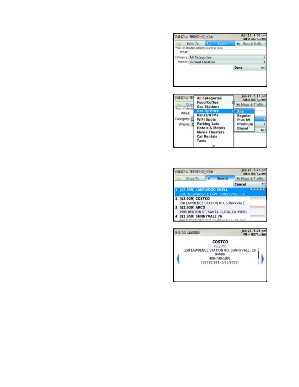 Search for gas by price, Reviews and ratings | Telenav for T-Mobile Supported Devices: v5.5 for T-Mobile Sidekick LX User Manual | Page 37 / 57