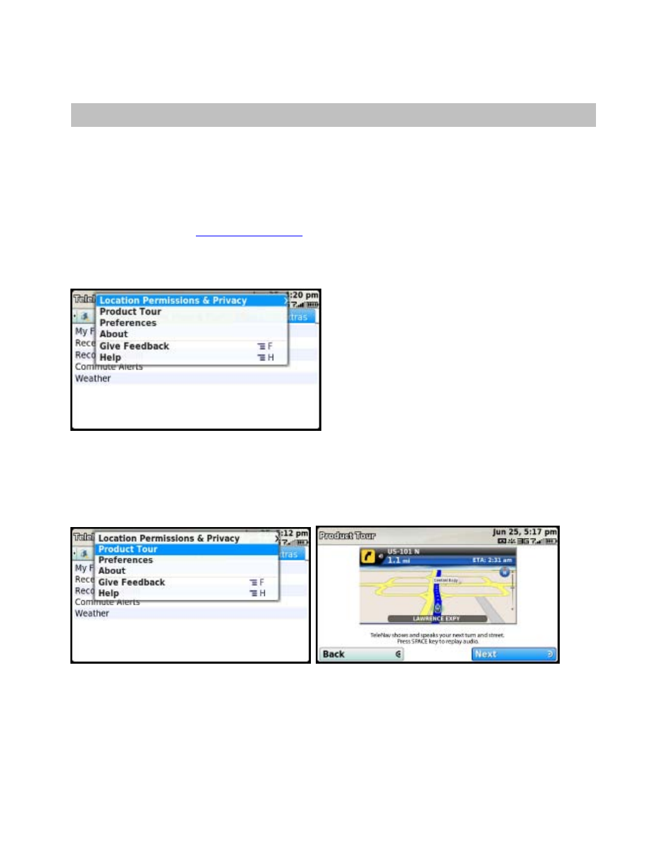 Menu options, Location permissions & privacy, Product tour | Telenav for T-Mobile Supported Devices: v5.5 for T-Mobile Sidekick LX User Manual | Page 48 / 57