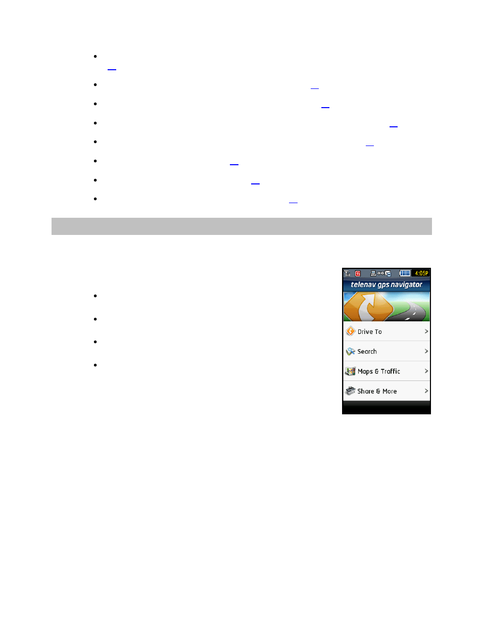Telenav gps navigator menu overview | Telenav for T-Mobile Supported Devices: v5.2 for J2ME touch screen devices User Manual | Page 13 / 70