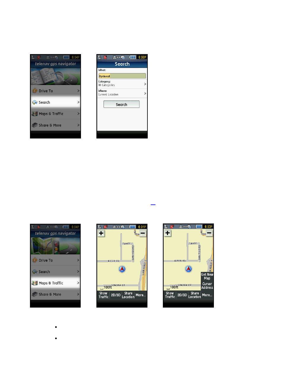 Search menu, Maps & traffic menu | Telenav for T-Mobile Supported Devices: v5.2 for J2ME touch screen devices User Manual | Page 15 / 70