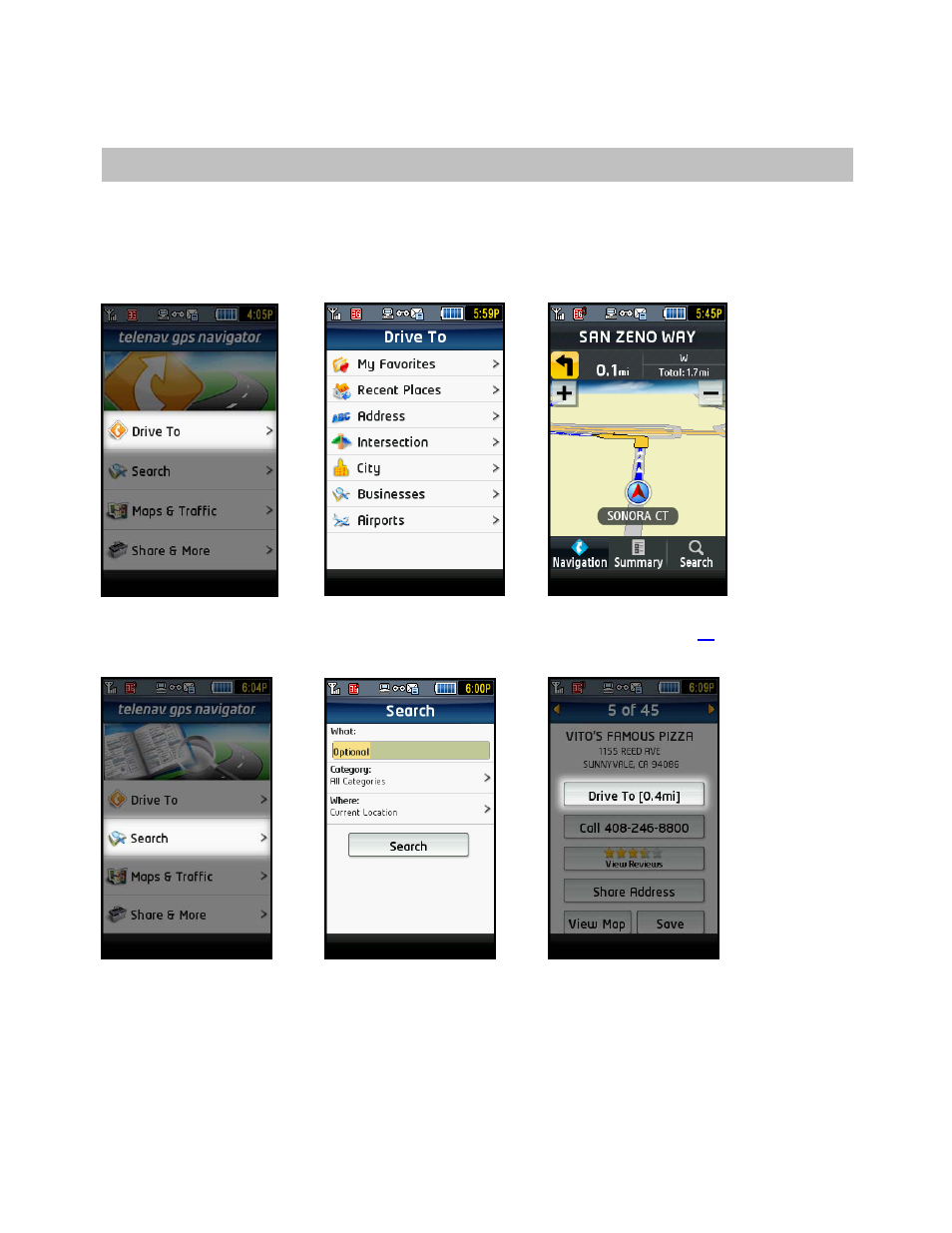 Get driving directions | Telenav for T-Mobile Supported Devices: v5.2 for J2ME touch screen devices User Manual | Page 17 / 70